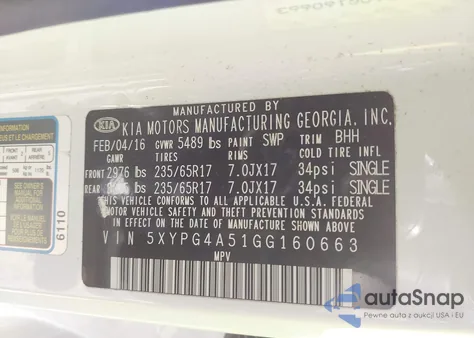 2016 Kia Sorento 3.3L Lx из США, поврежденный, VIN 5XYPG4A51GG160663